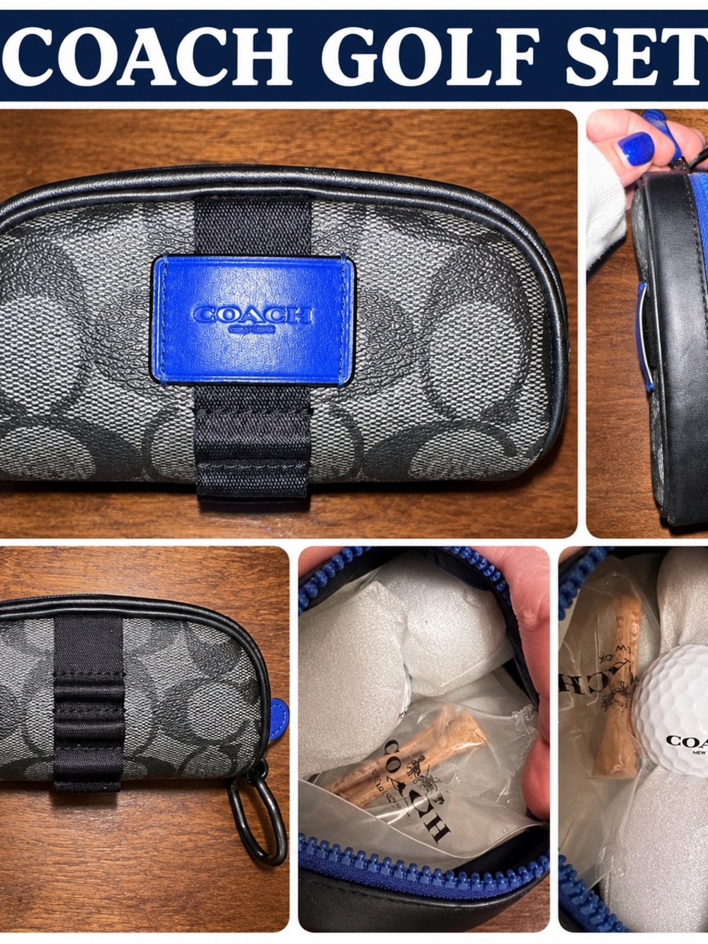 COACH Black Signature Jacquard & Blue Leather Golf Accessory Pouch